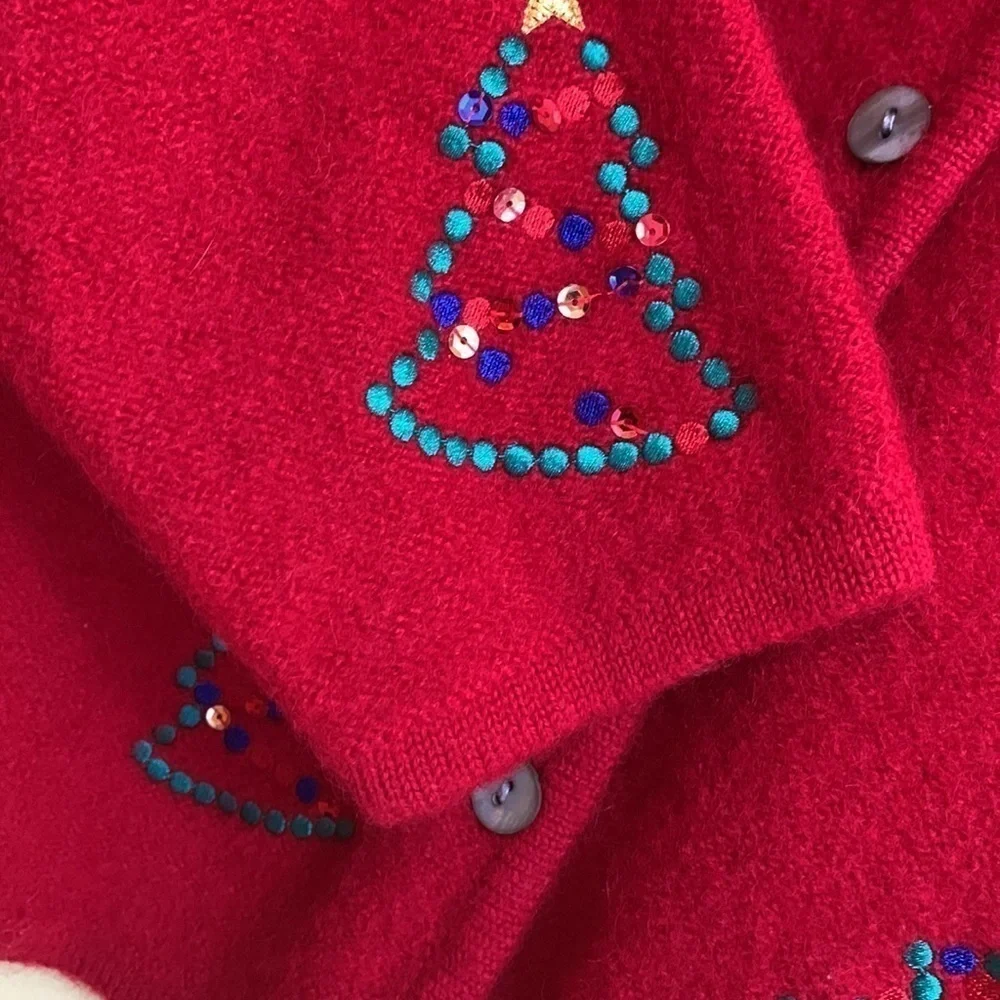 Karen Scott Sport Red Christmas Wool Thick Knit Embroidered Sequin Cardigan M/L